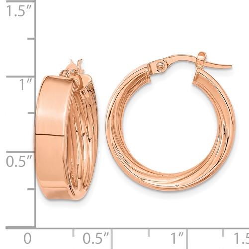 14k rose gold round square tube textured inside diamond cut hoop earrings 21mm x 5.5mm