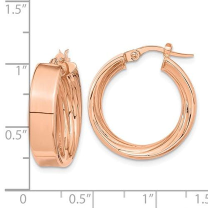14k rose gold round square tube textured inside diamond cut hoop earrings 21mm x 5.5mm