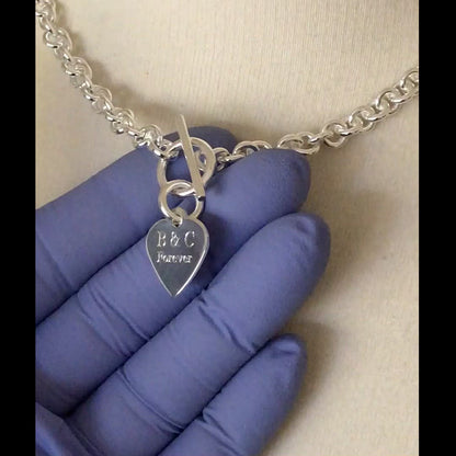 Sterling Silver Heavyweight Heart Tag Charm Toggle Necklace or Bracelet Custom Engraved Personalized Monogram