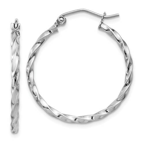 14k white gold twisted modern classic round hoop earrings 25mm x 2mm