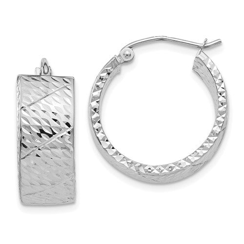 14k white gold diamond cut modern contemporary round hoop earrings