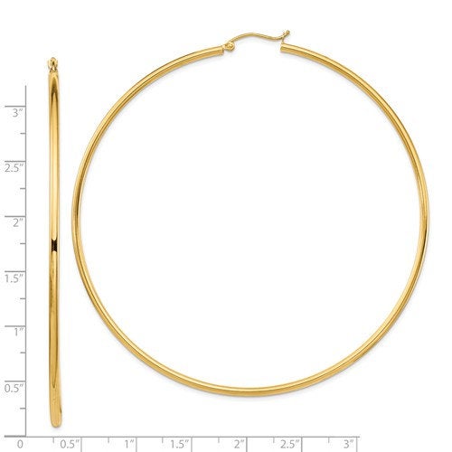 14k yellow gold extra large diameter 80mm x 2mm classic round hoop earrings 3.15 inches giant size super wide