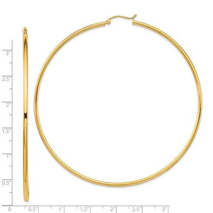 14k yellow gold extra large diameter 80mm x 2mm classic round hoop earrings 3.15 inches giant size super wide