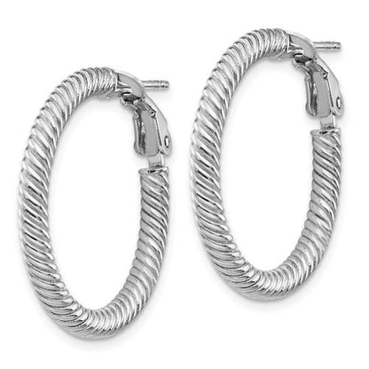 14k white gold twisted round omega back hoop earrings 25mm x 3mm