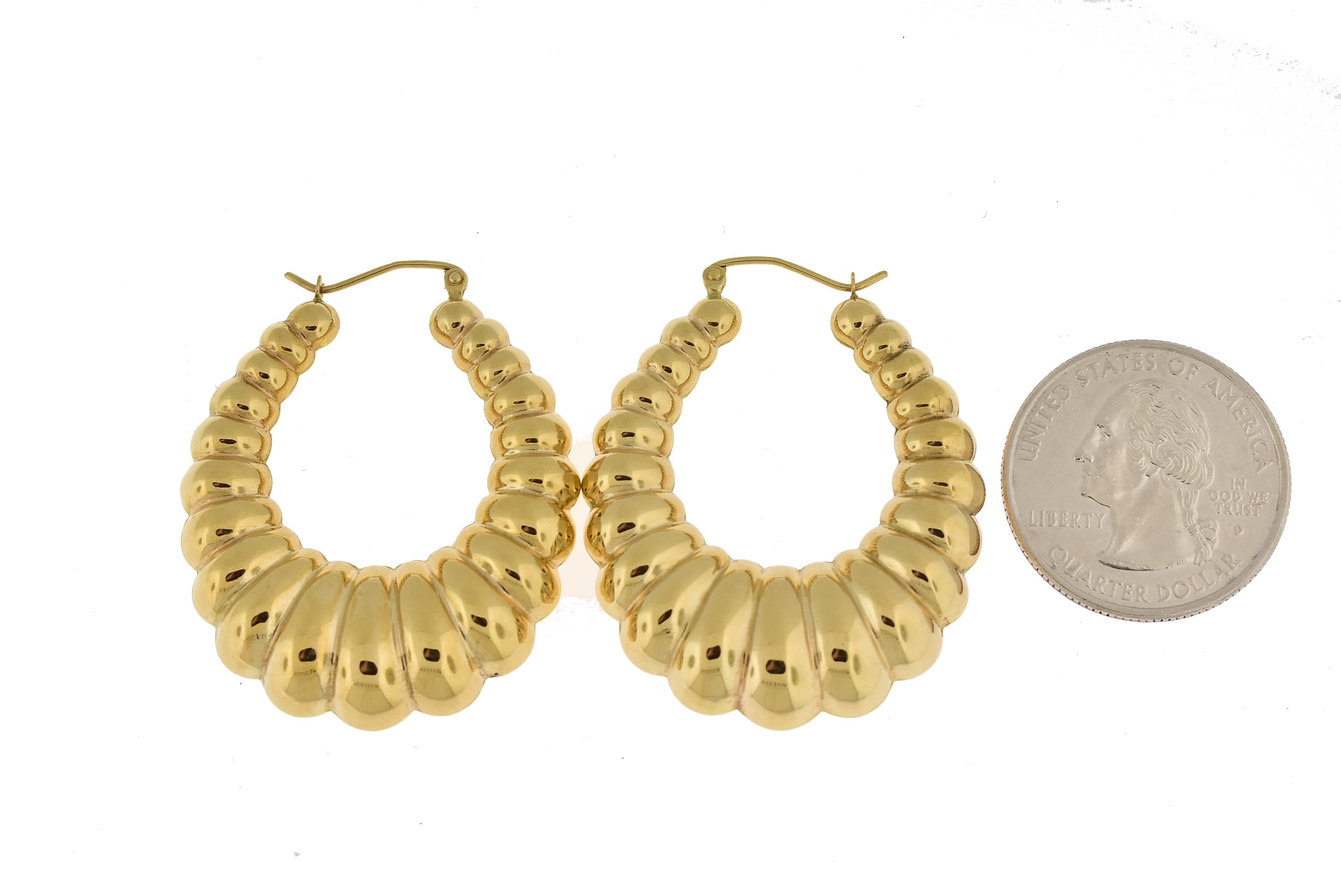 14K Yellow Gold Shrimp Scalloped Hollow Classic Hoop Earrings 33mm
