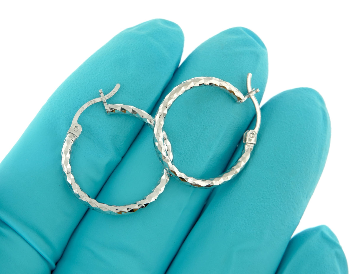 sterling silver rhodium plated diamond cut classic round hoop earrings 20mm x 2mm