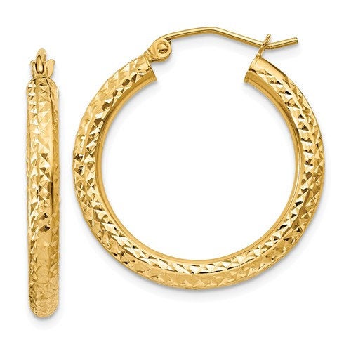14k yellow gold diamond cut classic round hoop earrings 25mm x 3mm