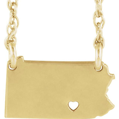 14k gold 10k gold silver pennsylvania pa state map necklace heart personalized city