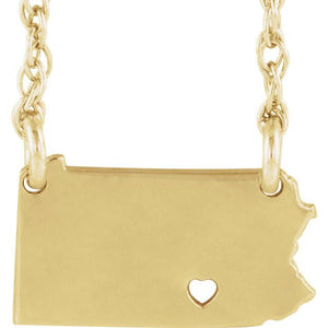 14k Gold 10k Gold Silver Pennsylvania PA State Map Necklace Heart Personalized City