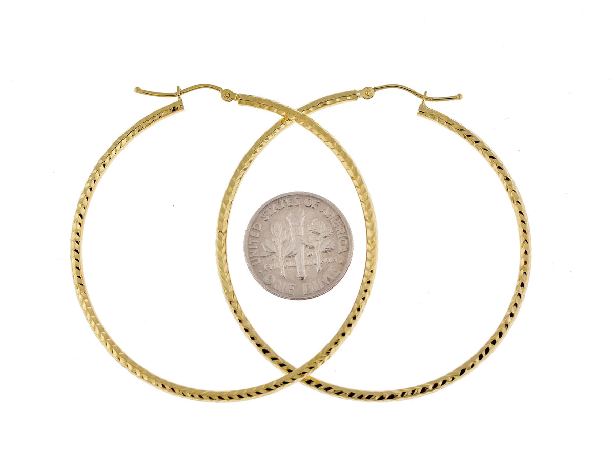 14k yellow gold diamond cut classic round hoop earrings 50mm x 2mm