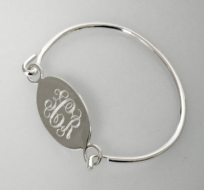 sterling silver oval id plate bangle bracelet custom engraved personalized name initials monogram