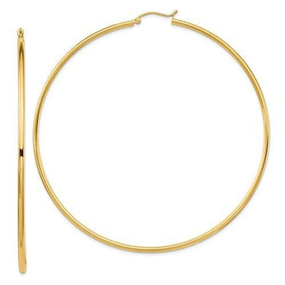 14k yellow gold 3.15 inch diameter extra large giant gigantic round classic hoop earrings 80mm x 2mm