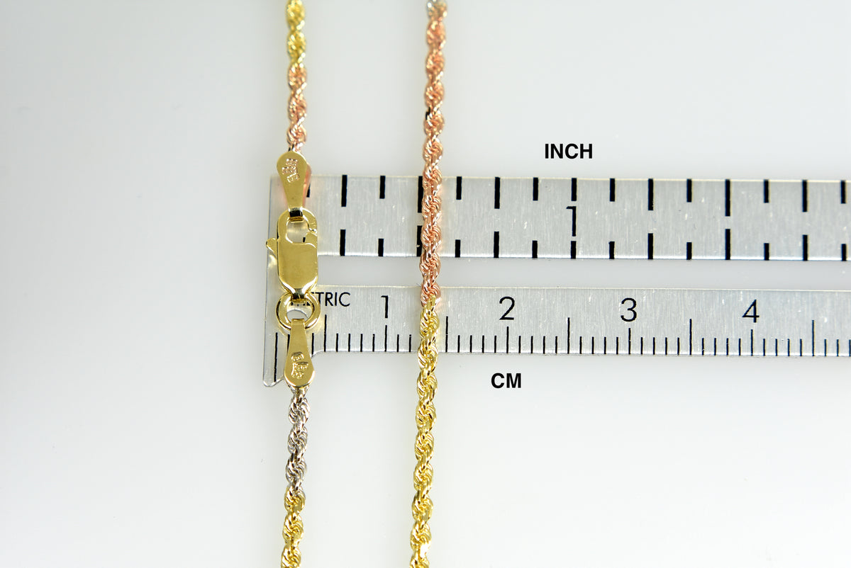 14k yellow white rose gold tri color 1.75mm diamond cut rope bracelet anklet choker necklace chain