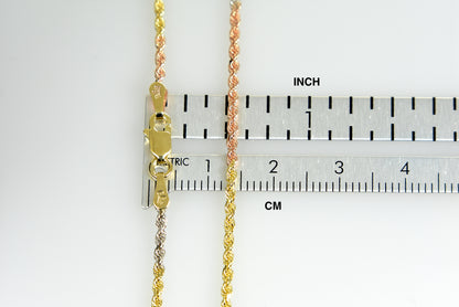 14k yellow white rose gold tri color 1.75mm diamond cut rope bracelet anklet choker necklace chain