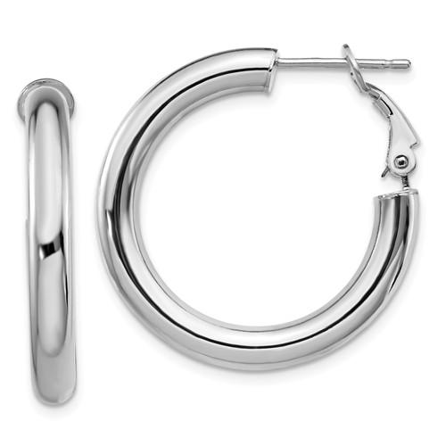 14k white gold round omega back hoop earrings 28mm x 4mm