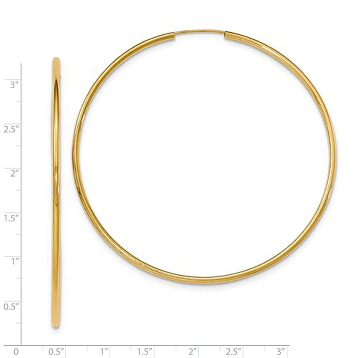 14k yellow gold extra large classic endless hoop earrings 72mm x 2mm