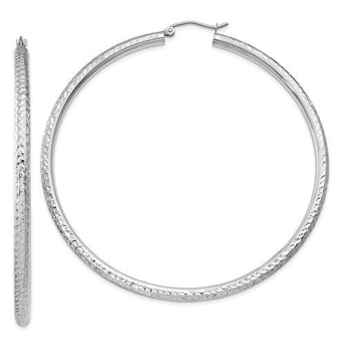 14K White Gold 2.56 inch Diameter Large Diamond Cut Round Classic Hoop Earrings 65mm x 3mm