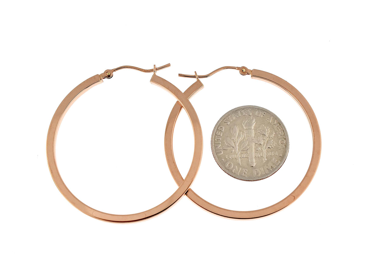 14k rose gold classic square tube round hoop earrings 35mm x 2mm