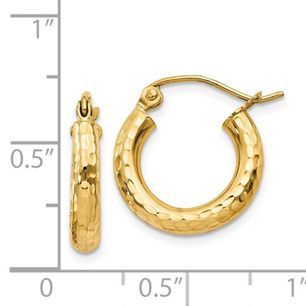 14K Yellow Gold Diamond Cut Classic Round Hoop Earrings 15mm x 3mm