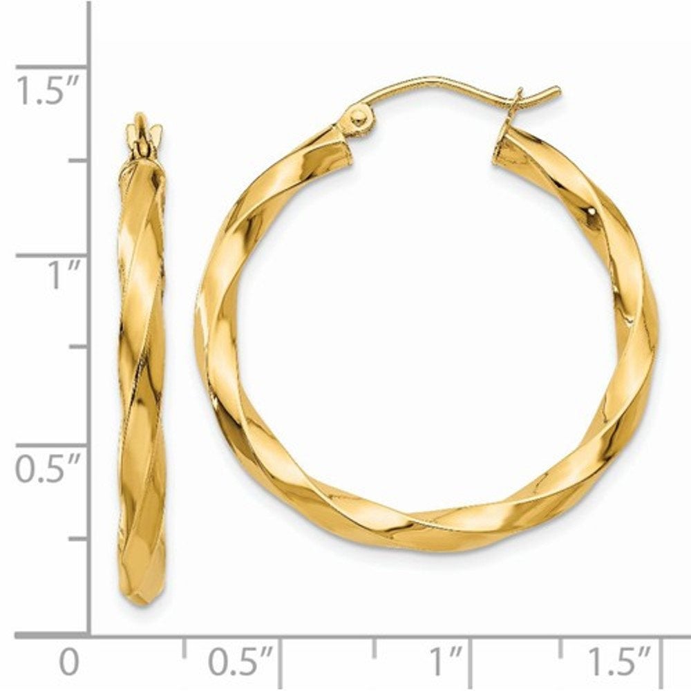 14k yellow gold twisted modern classic round hoop earrings 30mm x 3mm