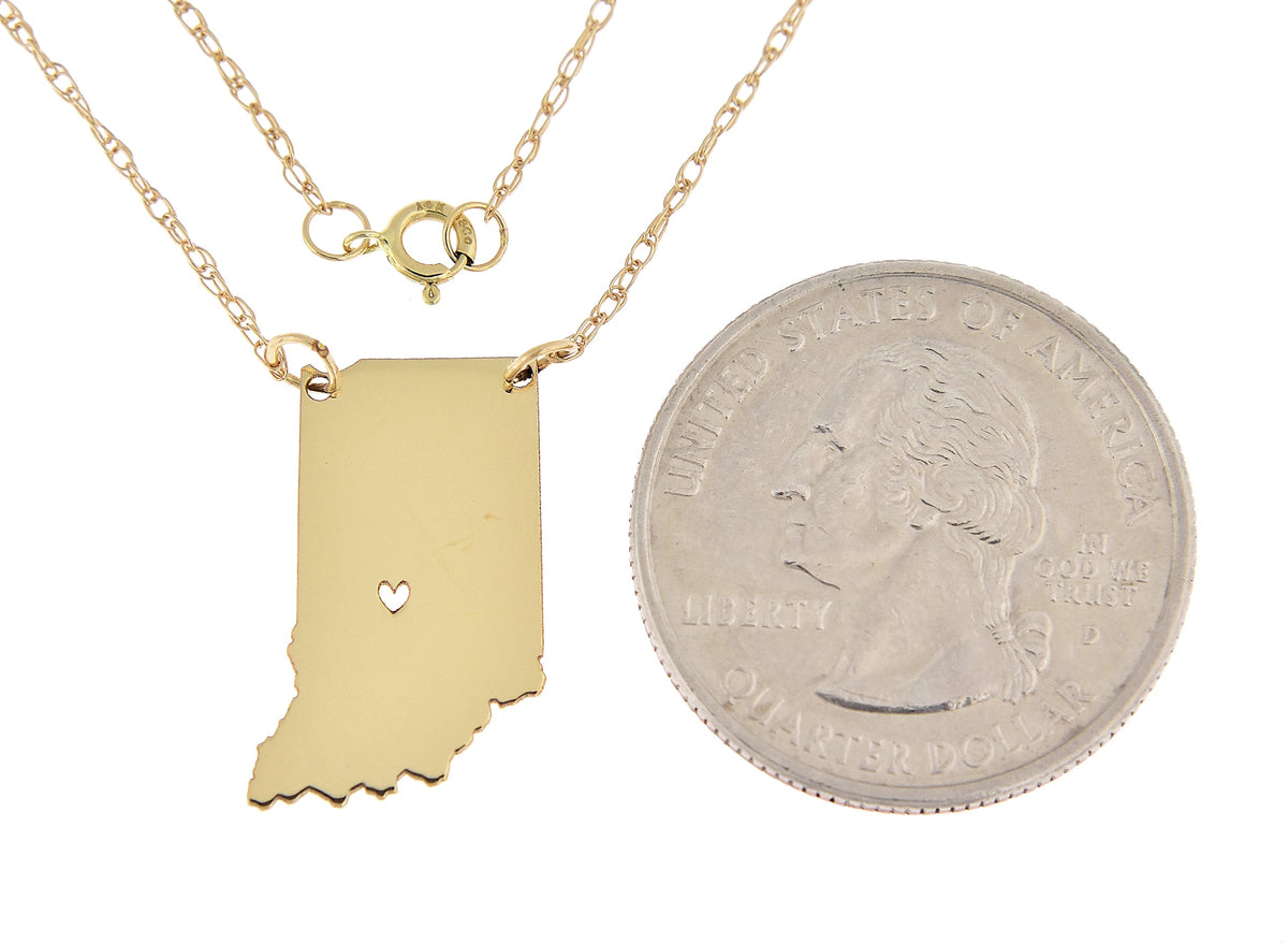 14k gold 10k gold silver indiana state map necklace heart personalized city