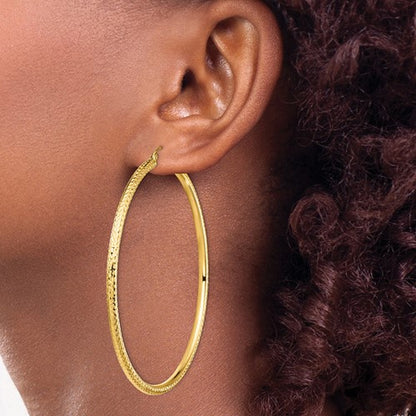 14k yellow gold 2.76 inch extra large giant gigantic diamond cut round classic hoop earrings lightweight 70mm x 3mm