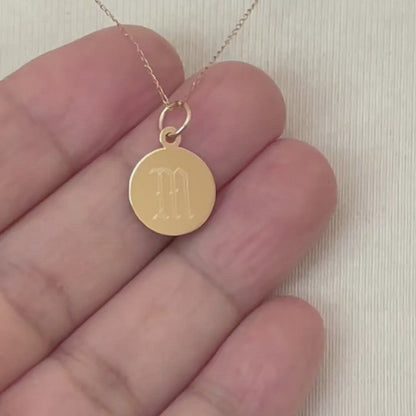 14K Solid Yellow Gold 13mm Round Disc Pendant Charm Letter Initial Personalized Gift