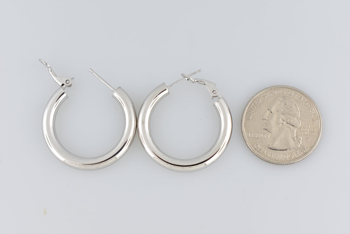 14k white gold round omega back hoop earrings 28mm x 4mm