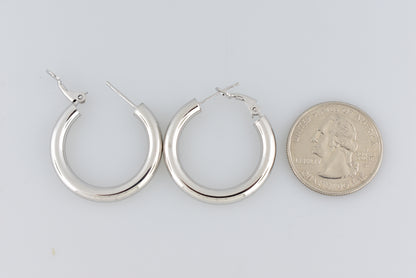 14k white gold round omega back hoop earrings 28mm x 4mm