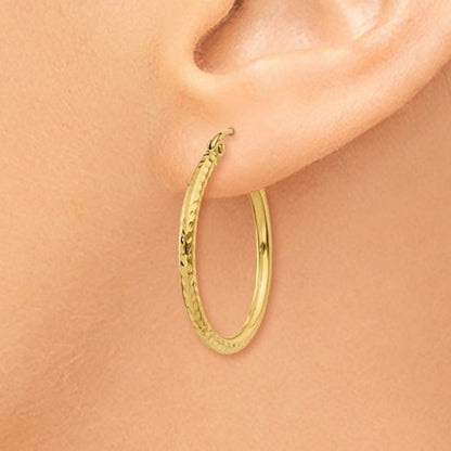 14k yellow gold diamond cut classic round hoop earrings 25mm x 2mm