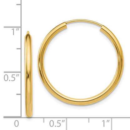 14k yellow gold round endless hoop earrings 25mm x 2mm