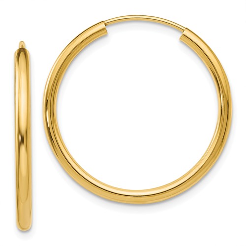 14k yellow gold round endless hoop earrings 25mm x 2mm