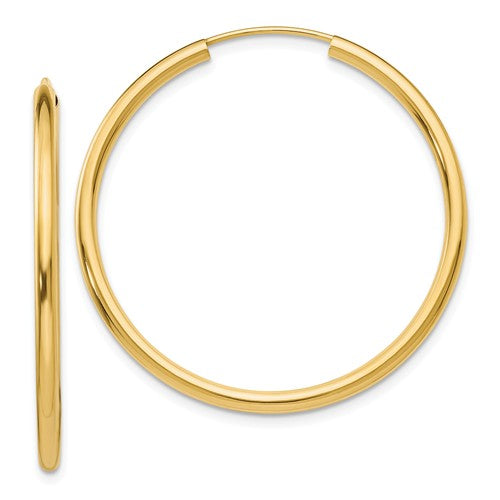 14k yellow gold round endless hoop earrings 35mm x 2mm