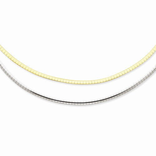 14k yellow gold 14k white gold two tone 2.5mm reversible flat omega necklace chain barrel clasp 16 inches