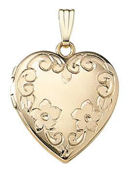 14k Yellow Gold 19mm Floral Heart Locket Pendant Charm Engraved Personalized Monogram - BringJoyCollection