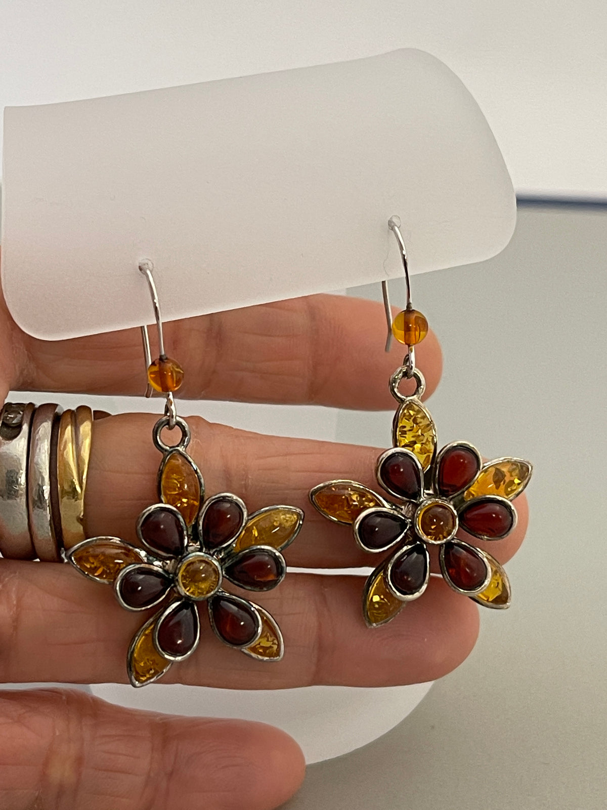 sterling silver amber flower dangle earrings