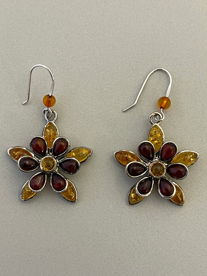 sterling silver amber flower dangle earrings
