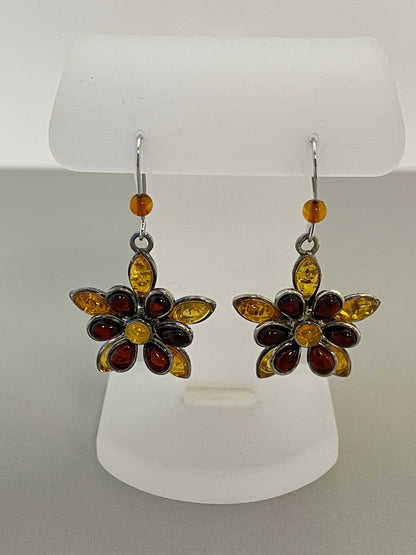 sterling silver amber flower dangle earrings