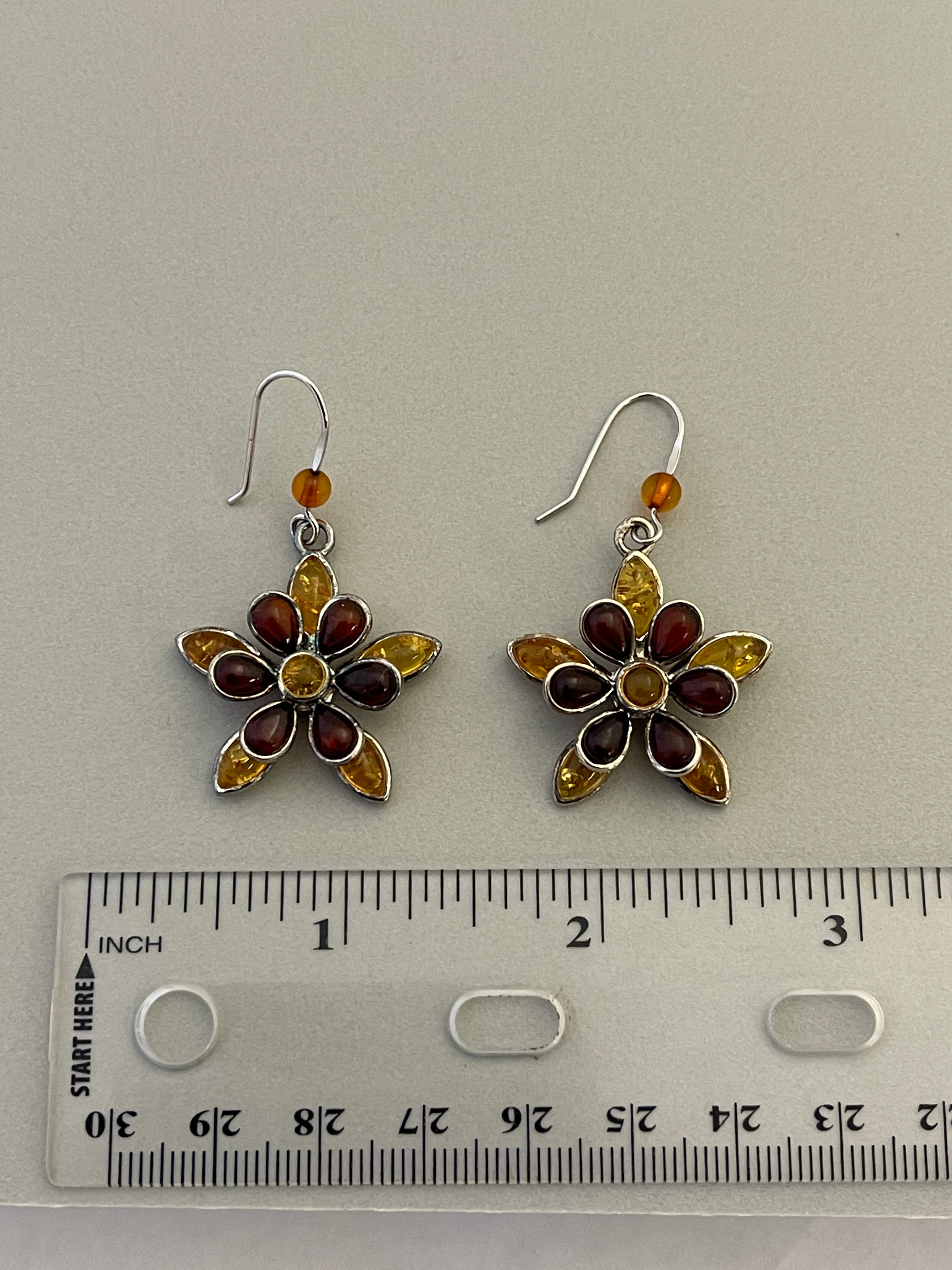 Sterling Silver Amber Flower Dangle Earrings