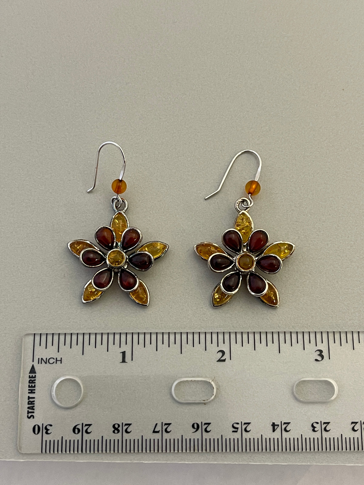 sterling silver amber flower dangle earrings