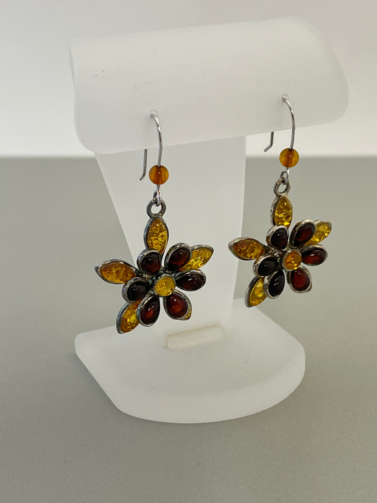 sterling silver amber flower dangle earrings