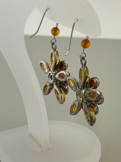 sterling silver amber flower dangle earrings