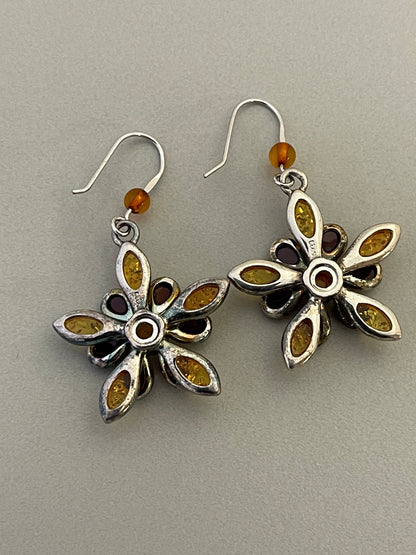 sterling silver amber flower dangle earrings