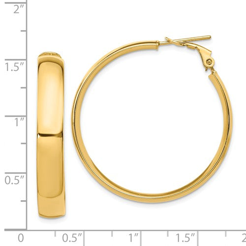14k yellow gold round omega back hoop earrings 35mm x 6mm