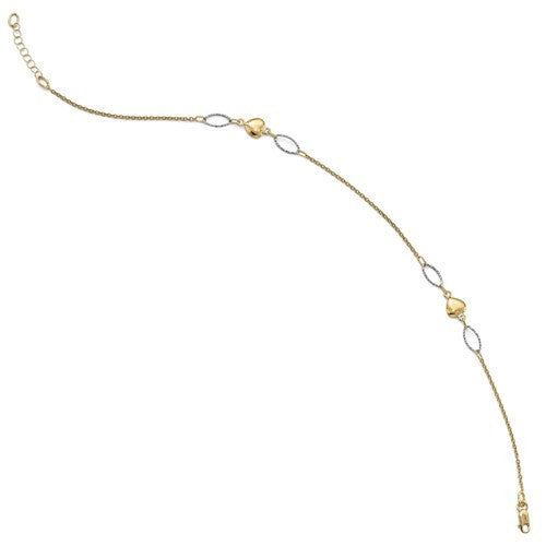 14k gold two tone hearts ovals anklet 10 inches adjustable