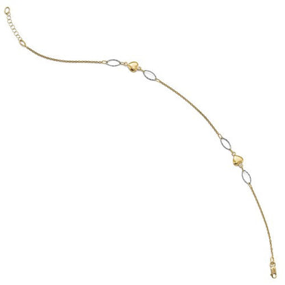 14k gold two tone hearts ovals anklet 10 inches adjustable