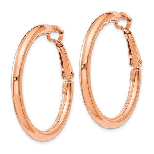14k rose gold round omega back hoop earrings 33mm x 3mm