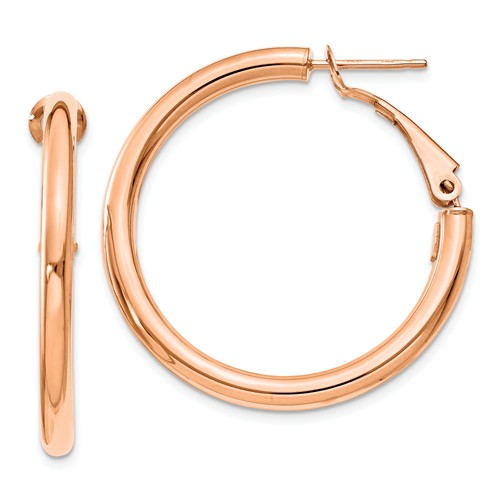 14k rose gold round omega back hoop earrings 33mm x 3mm