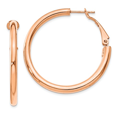 14k rose gold round omega back hoop earrings 38mm x 3mm