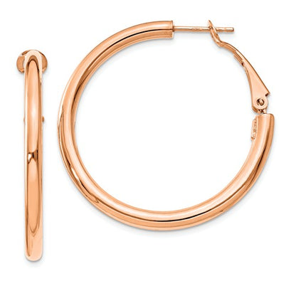 14k rose gold round omega back hoop earrings 38mm x 3mm